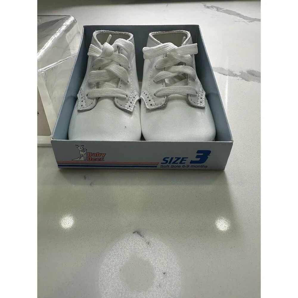 NWT Baby Deer Sz 3 White Leather 6 9 Months Oxford Booties Crib Shoes Boys 6 9M